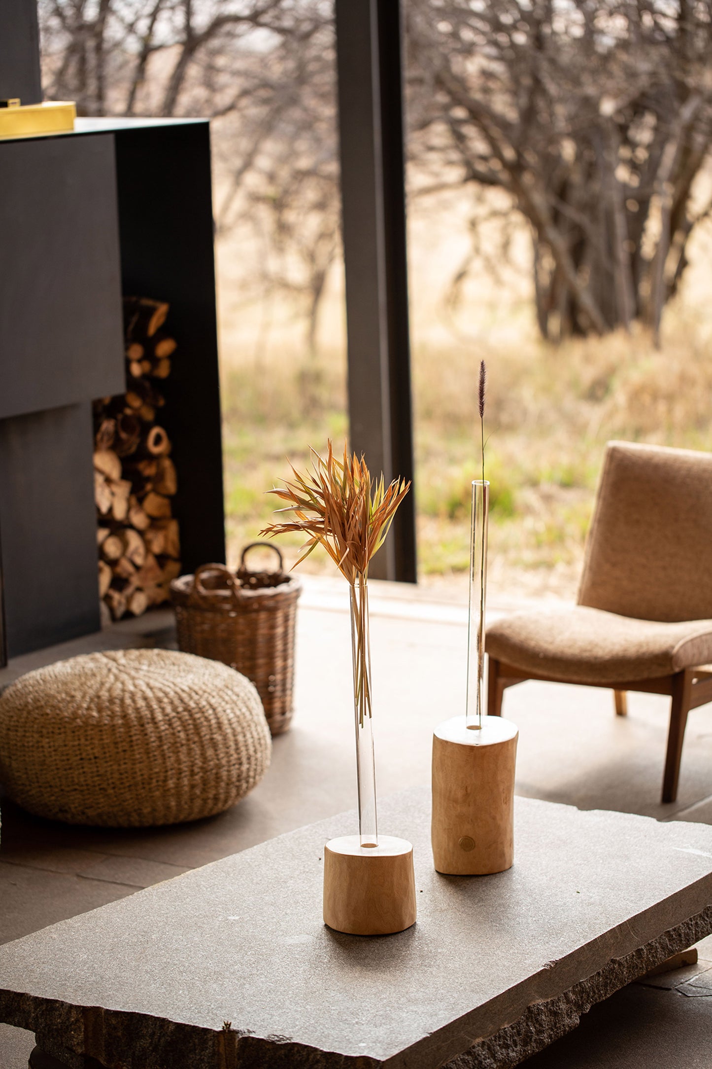 WOOD STUMP WITH GLASS TUBE