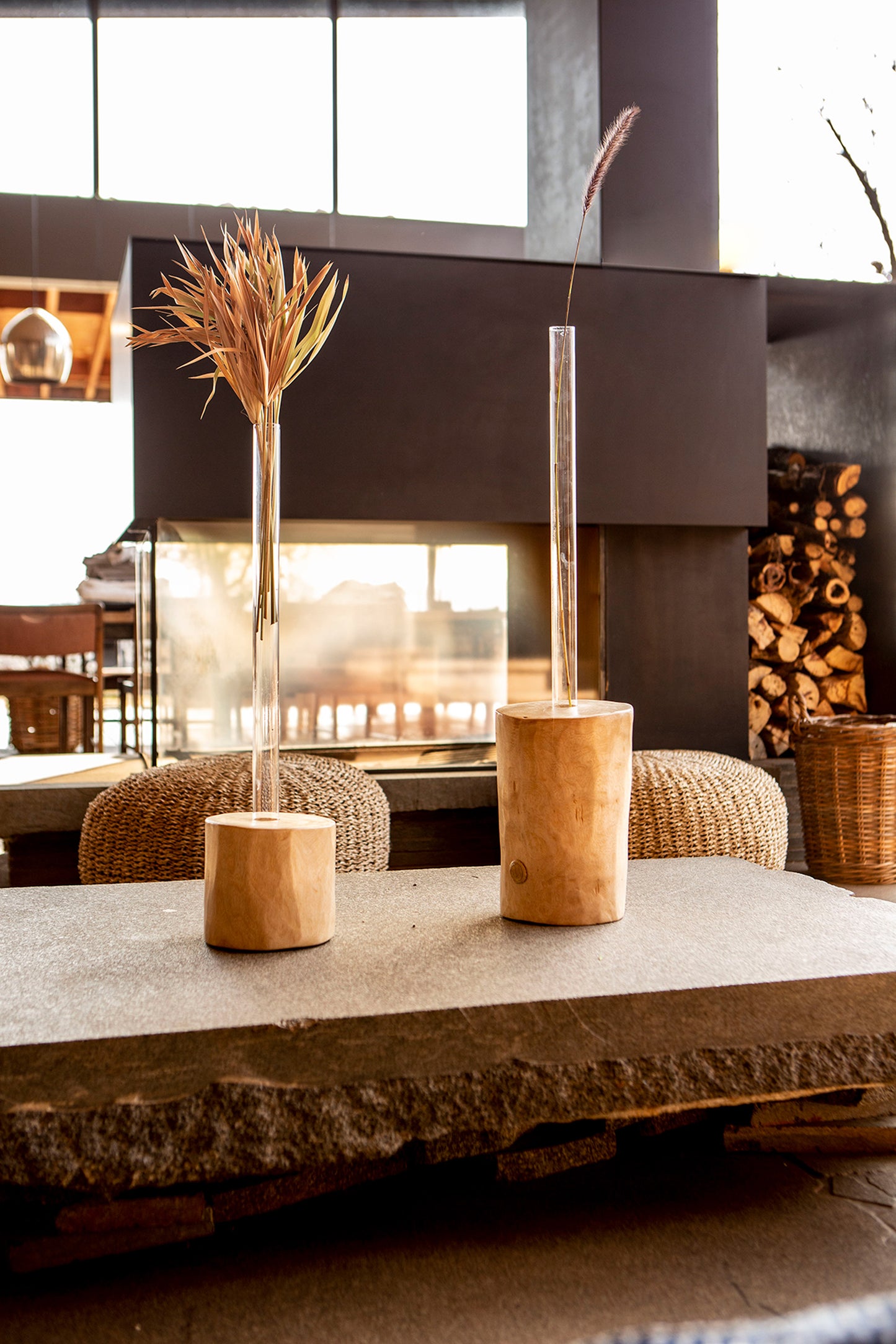 WOOD STUMP WITH GLASS TUBE