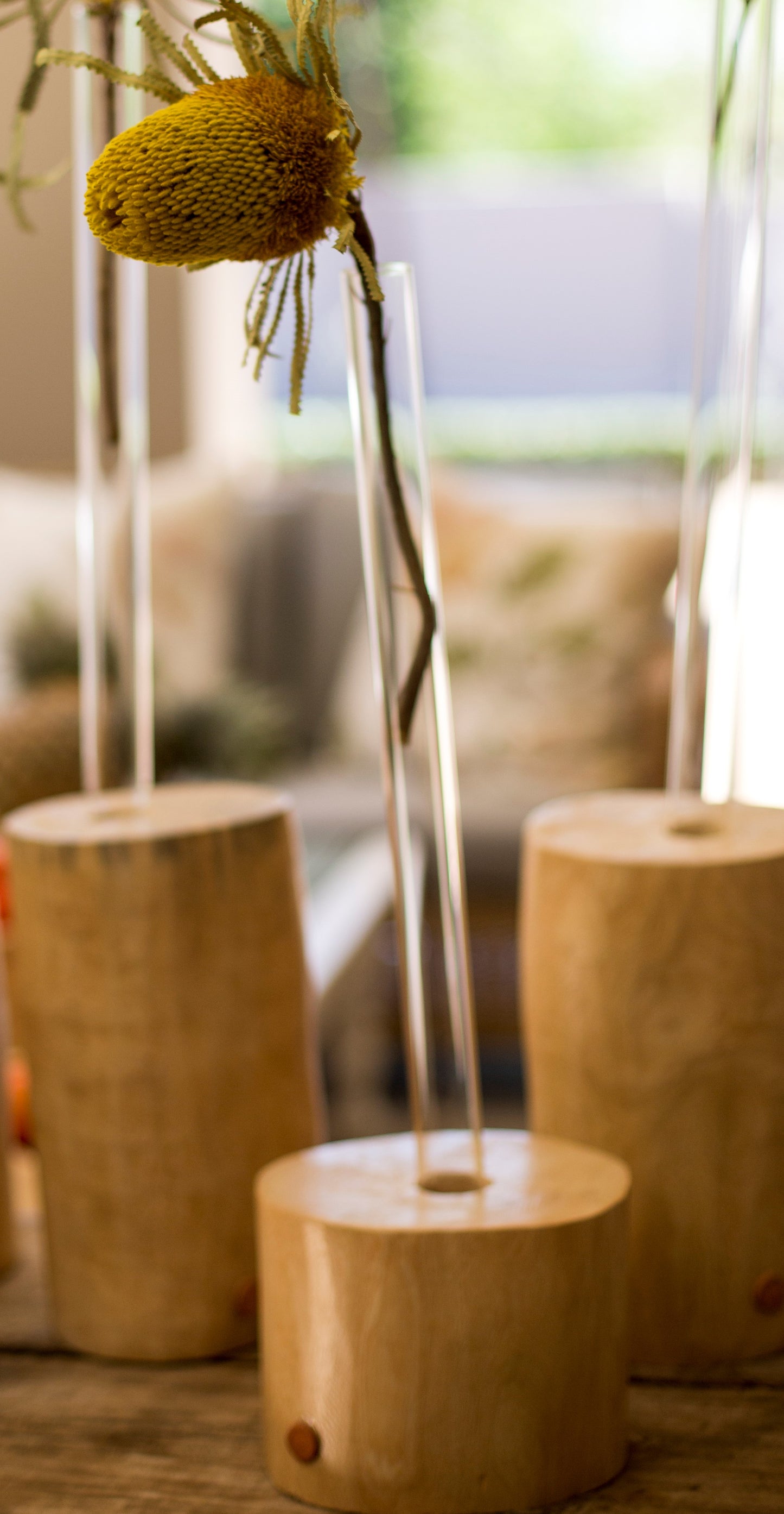 WOOD STUMP WITH GLASS TUBE
